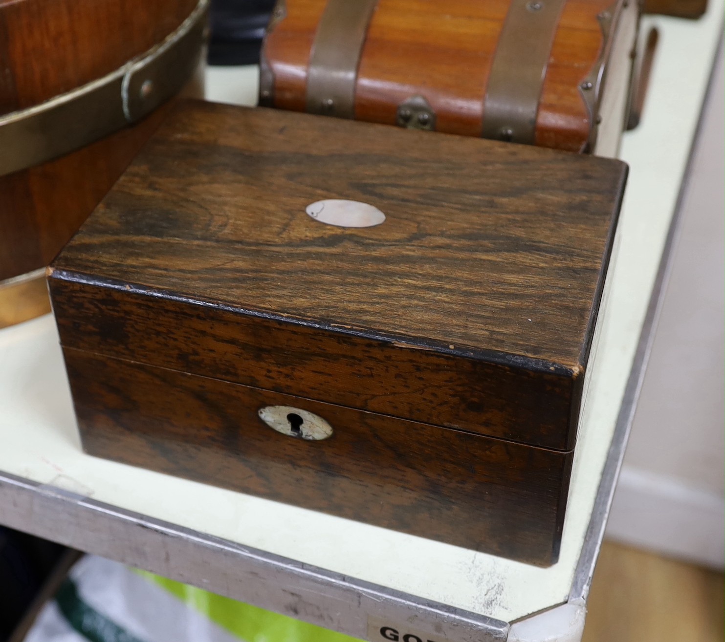 A Victorian four bottle decanter box with brass mounts, a similar 2 bottle box and two other boxes